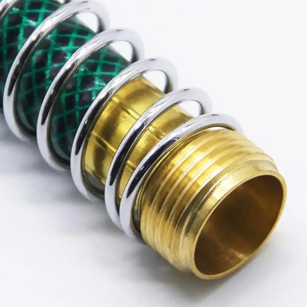 Brass garden hose sprinkler connector with a coiled metal spring section