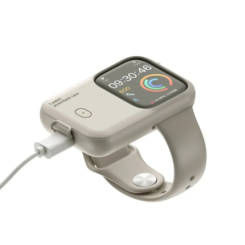 Portable Apple Watch charging case power bank with silicone sleeve in brown, blue, and starlight colours