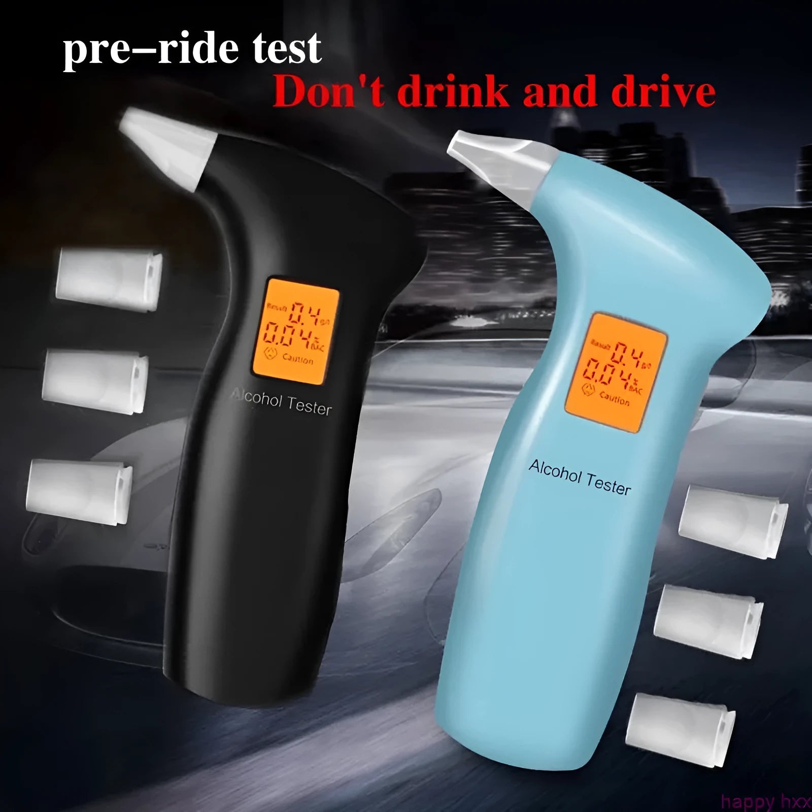 Portable orange light breath alcohol tester with replaceable mouthpieces on a grey background