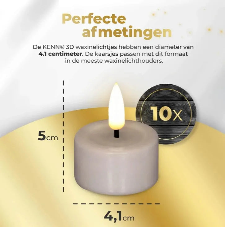 Four taupe-coloured LED tealight candles with 3D flame effect on wooden surface