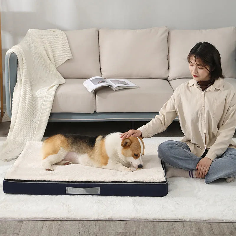 Removable cover memory sponge dog mat in brown, shown on a wooden floor.