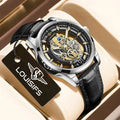 Swiss men's quartz watch with hollow design, gold shell and brown leather strap, 12mm thickness