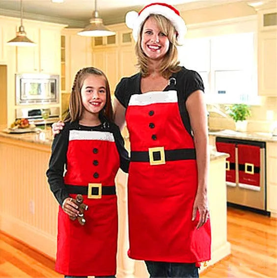 Red Merry Christmas polyester apron with adjustable straps for adult and children sizes