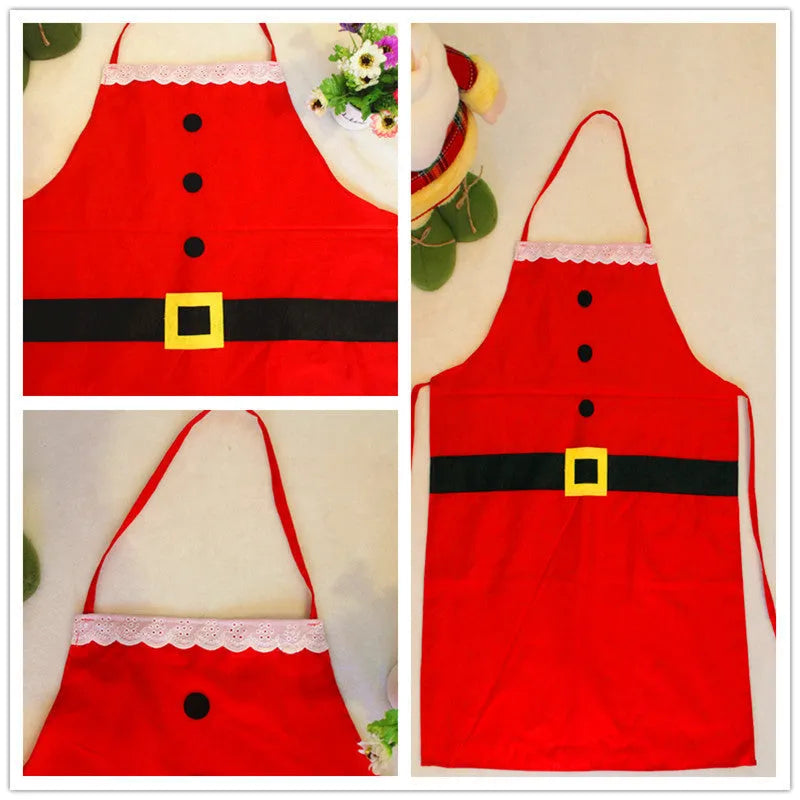Red Merry Christmas polyester apron with adjustable straps for adult and children sizes