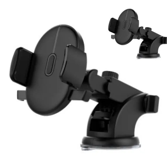 Yellow and black telescopic car phone holder with suction cup mounted on a dashboard