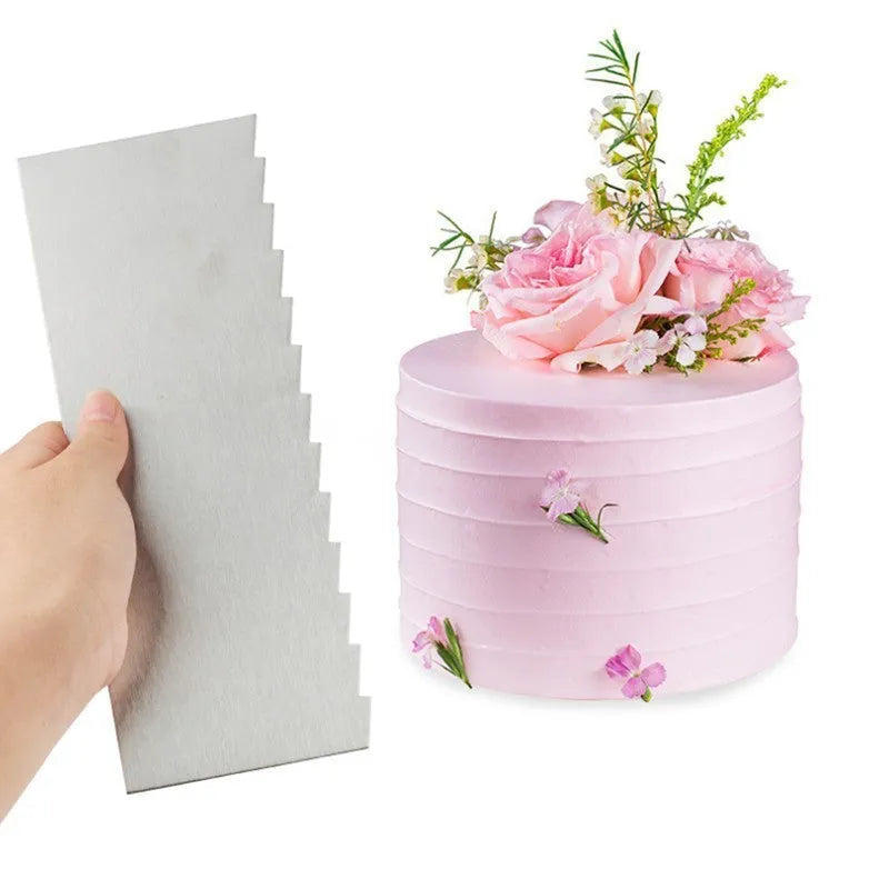Stainless steel cake scraper with geometric polygon patterns for cream application
