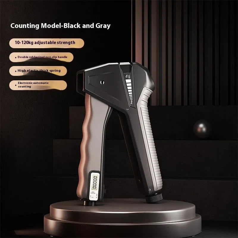 Adjustable hand gripper strengthener with mechanical counter showing resistance settings 5-60kg