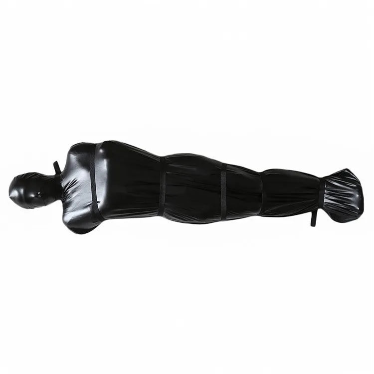 Black patent leather bondage set with nostril clothing and six ratchet tie down wraps