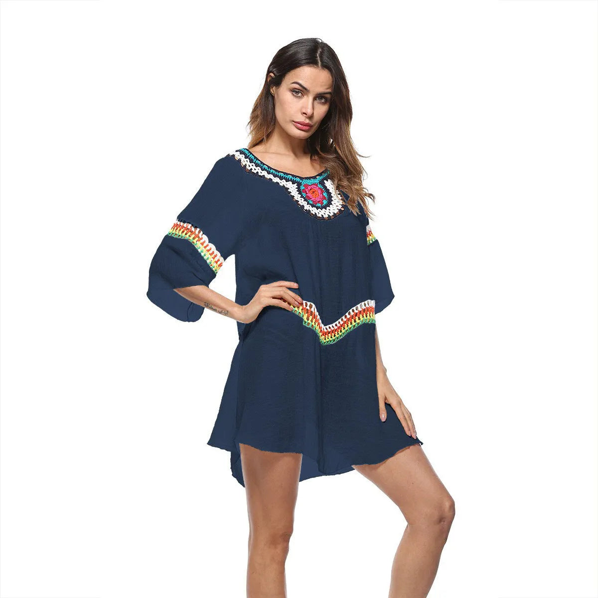 Crocheted ethnic style sun protection clothing beach cover-up in apricot colour
