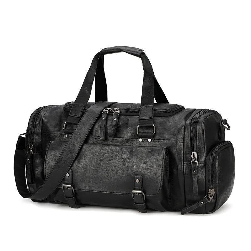 Large black PU travel bag with separate shoe compartment, dimensions 52cm by 19cm by 27cm