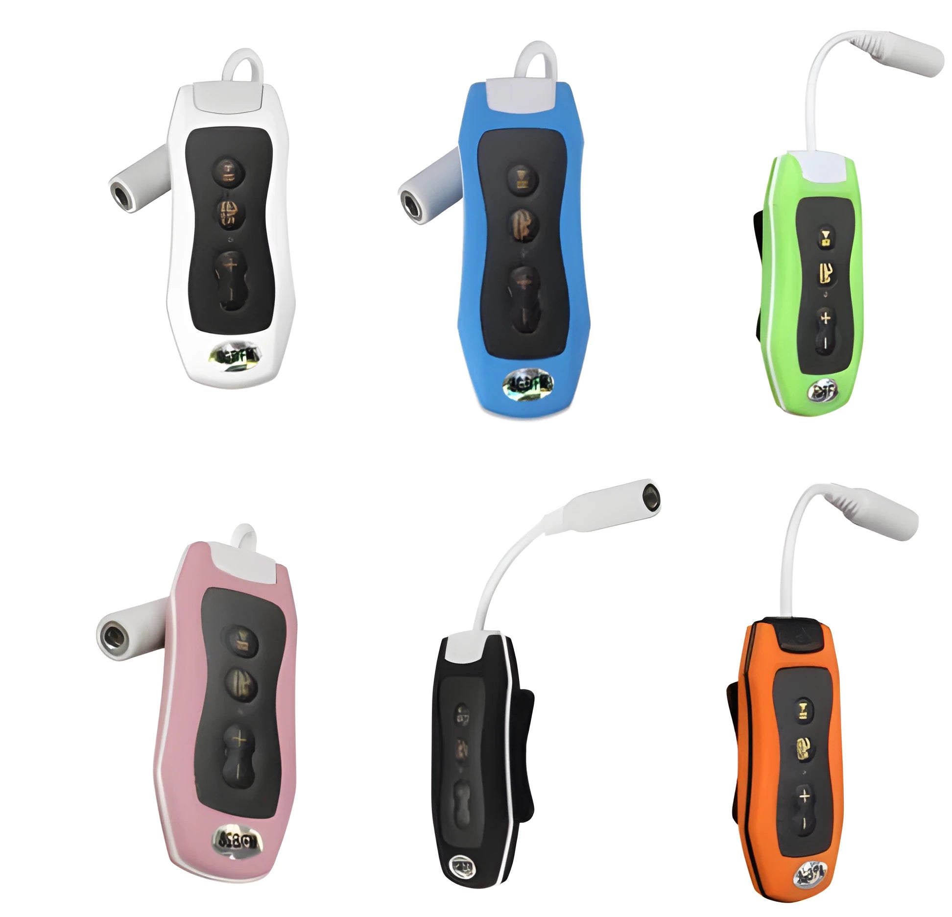 Waterproof Bluetooth mini headset MP3 player in various colours, showing compact size.