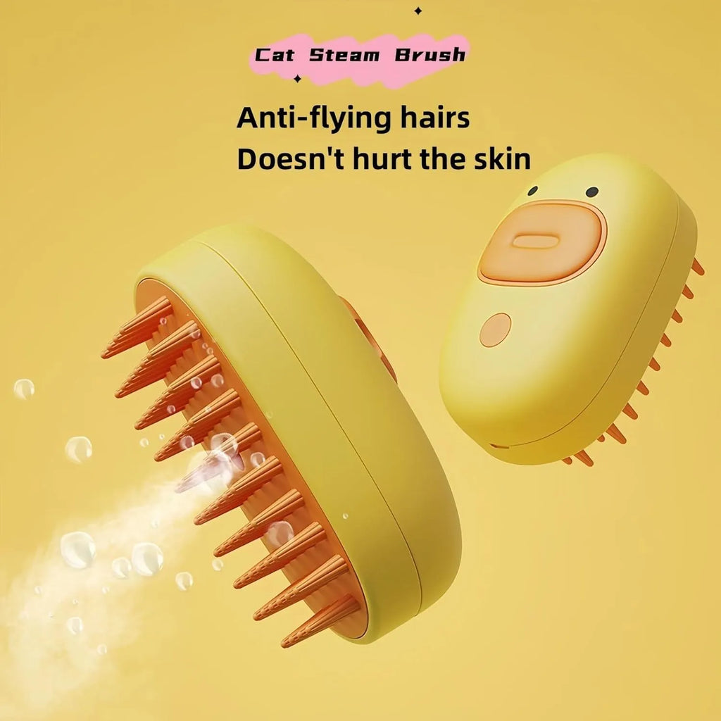 White rechargeable steam pet brush with rubber comb teeth and water tank for dog and cat grooming