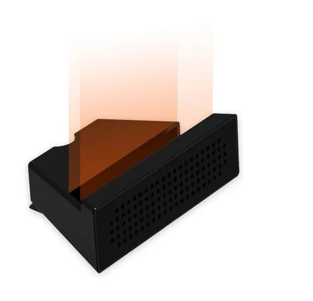 A small black plastic phone amplifier stand holding a smartphone on a desktop.