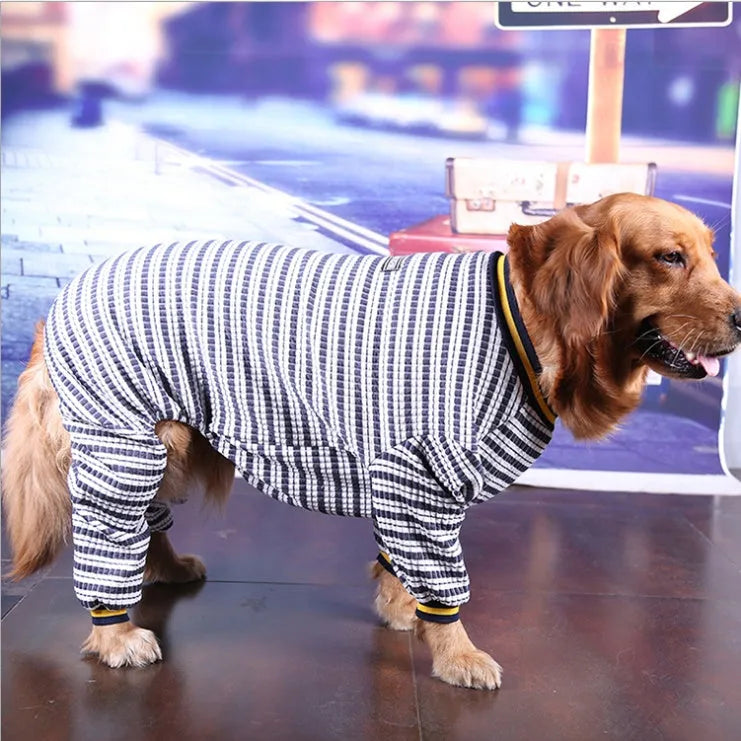 Blue cotton long sleeve bottoming shirt for medium and large dogs on a model