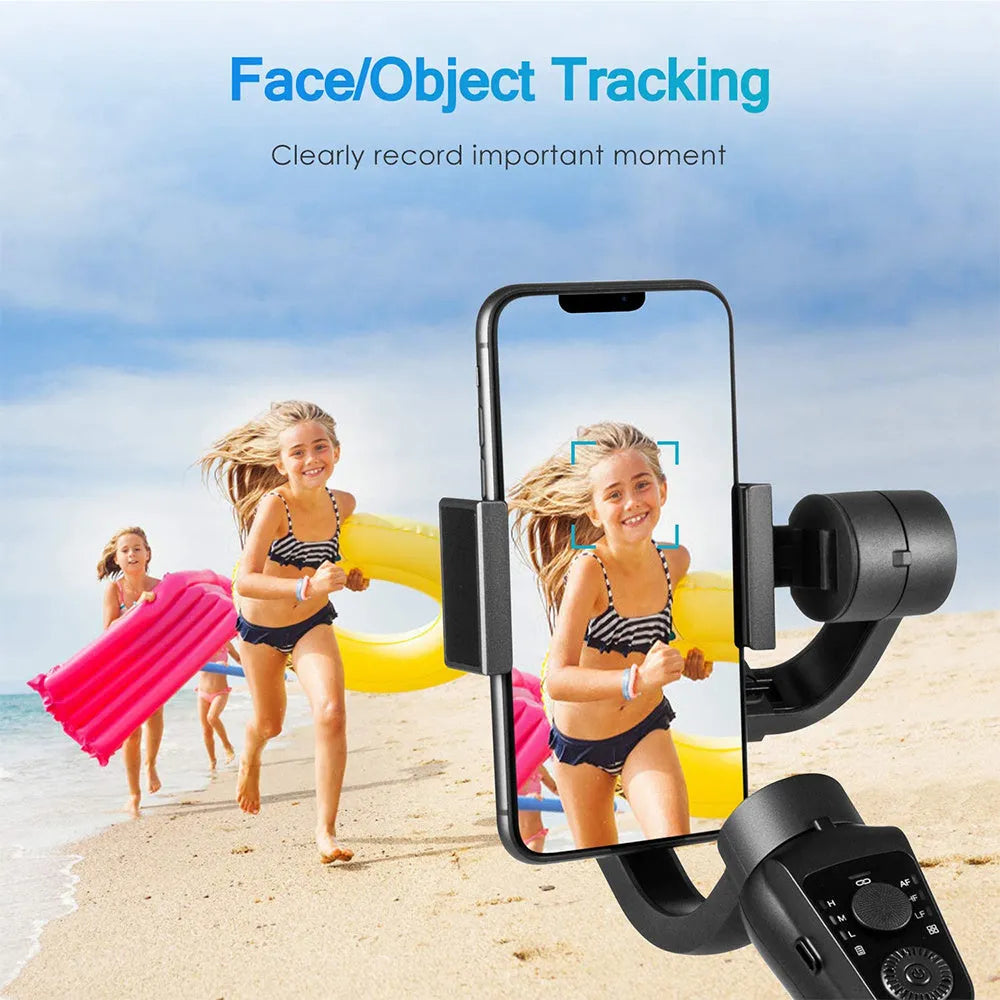Black three-axis handheld gimbal stabilizer for mobile phones with extended battery and protective cases.