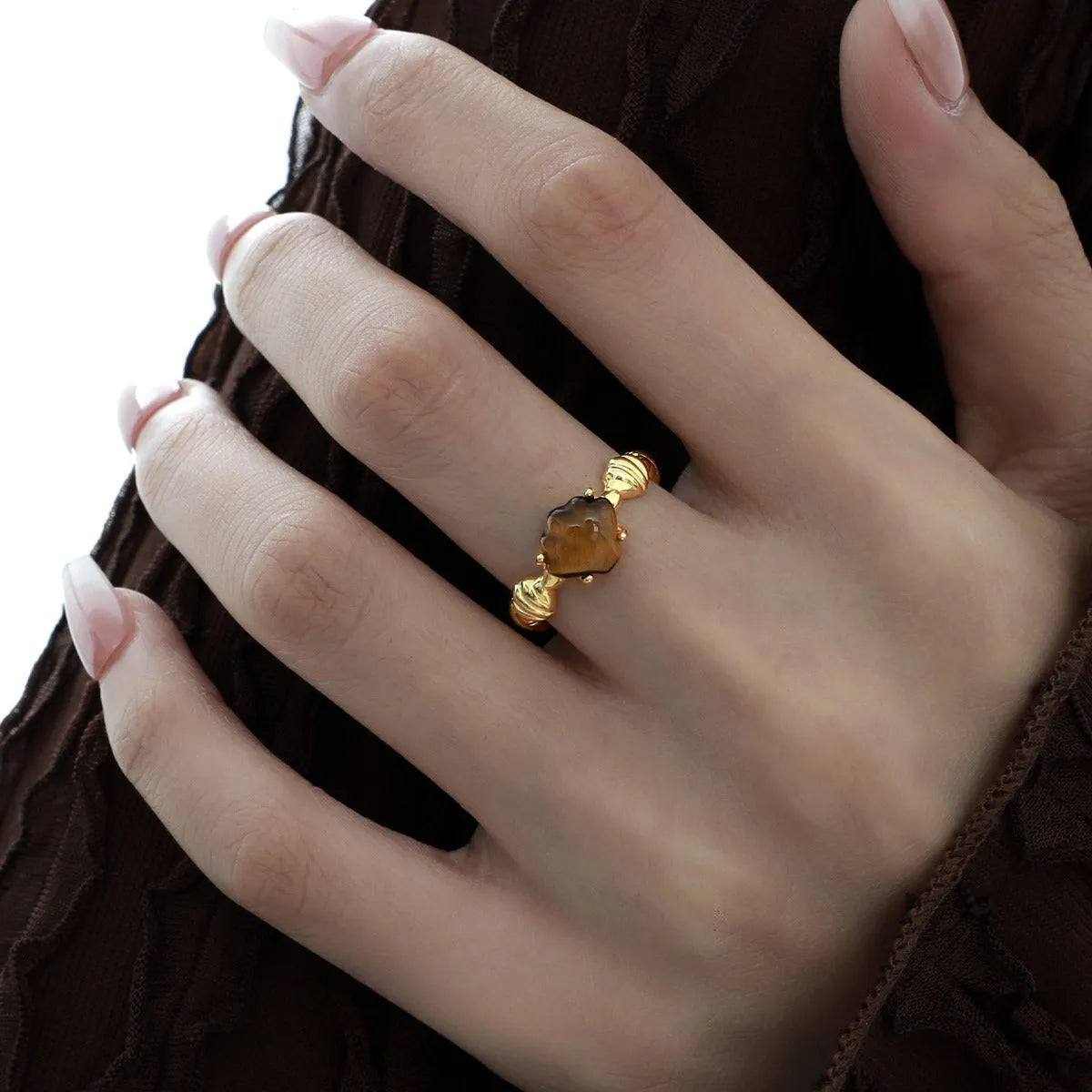 Women's adjustable silver ring with shell tiger eye stone in white gold electroplated finish
