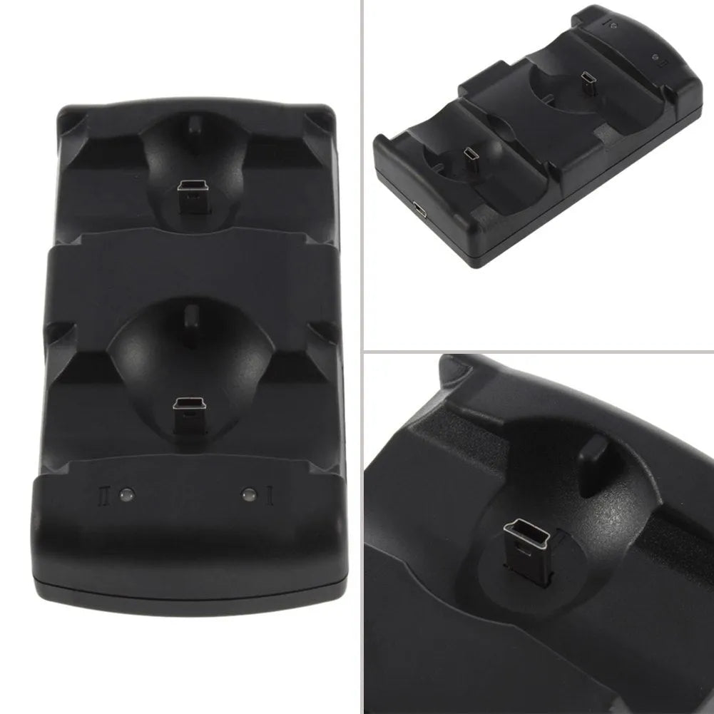 Black PS3 dual controller charging dock with two controller slots and USB cable