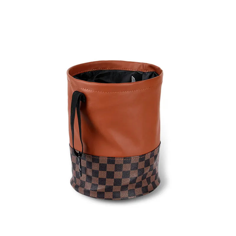 Retractable leather car interior rubbish bin shown in collapsed and expanded states