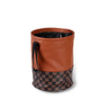 Retractable leather car interior rubbish bin shown in collapsed and expanded states