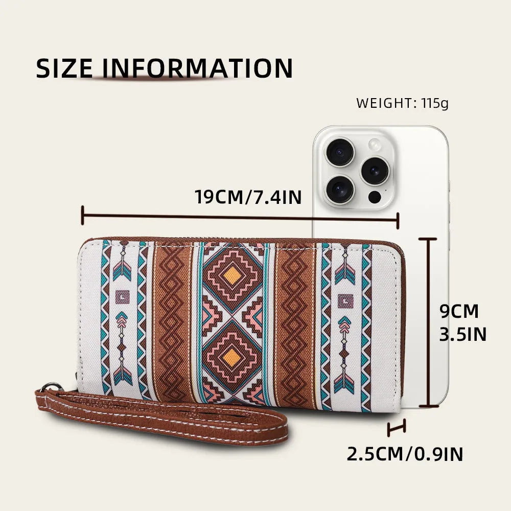 Bohemian striped canvas RFID-blocking wallet showing wind belt design in beige colour