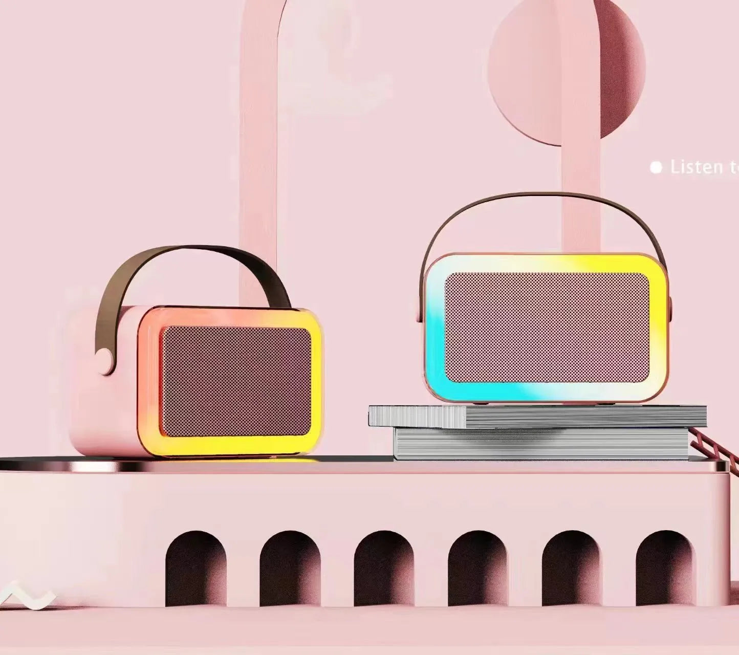 Portable Bluetooth karaoke microphone speaker with coloured LED lights in pink, sky blue or white colour options