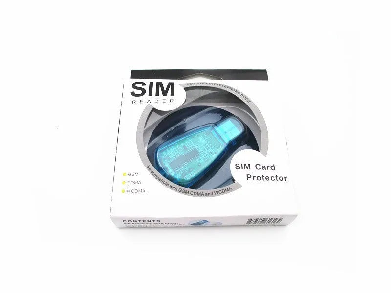 Blue USB 2.0 SIM card reader for mobile phone data backup and editing.