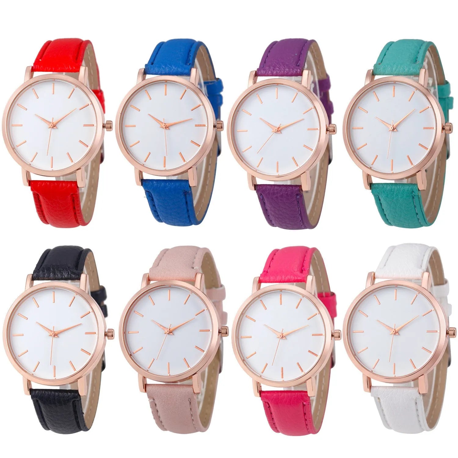 Square-faced quartz analogue watch with a PU leather strap on a wrist