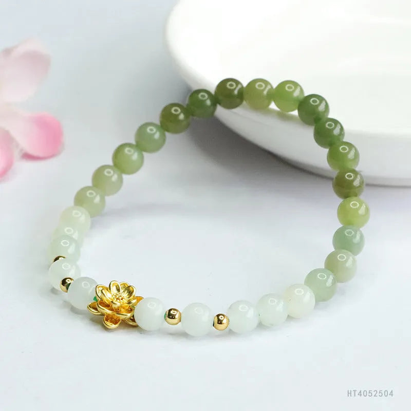 Ancient style Hetian jade bracelet with sunshine water gradient colour and flower-shaped beads