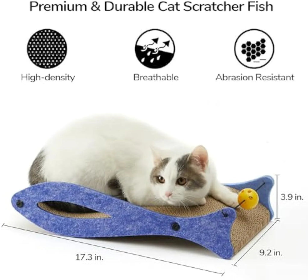 Blue fish-shaped cat scratcher with bell ball toys on elastic cord for scratching and play
