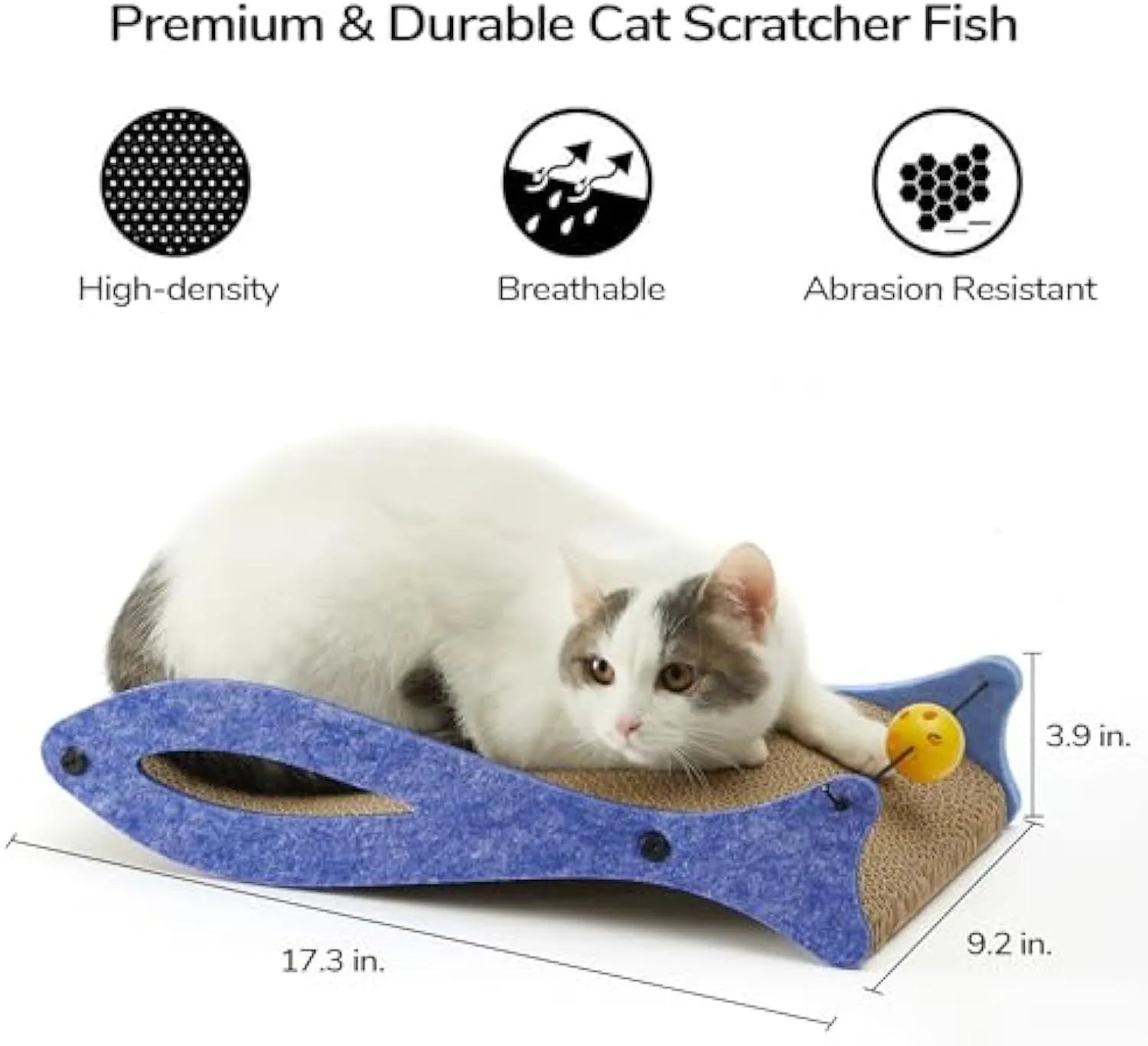 Blue fish-shaped cat scratcher with bell ball toys on elastic cord for scratching and play