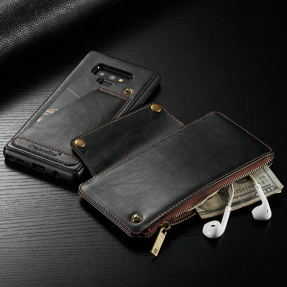 Black leather flip phone case for SAMSUNG Note9 showing front and back coverage