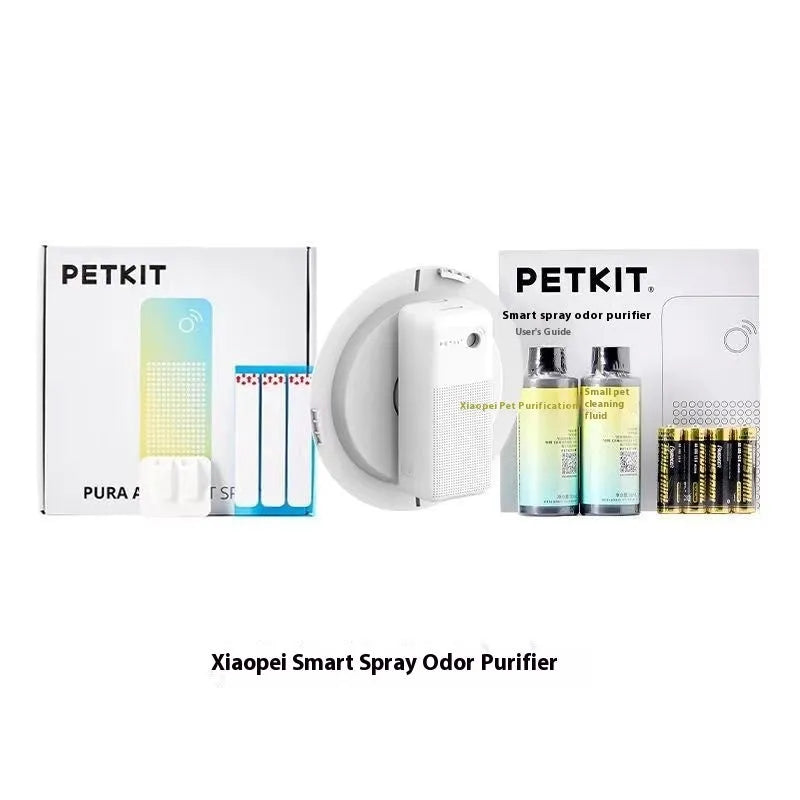 Xiaopei smart spray pet odor removal machine with bracket and purification liquid bottles.