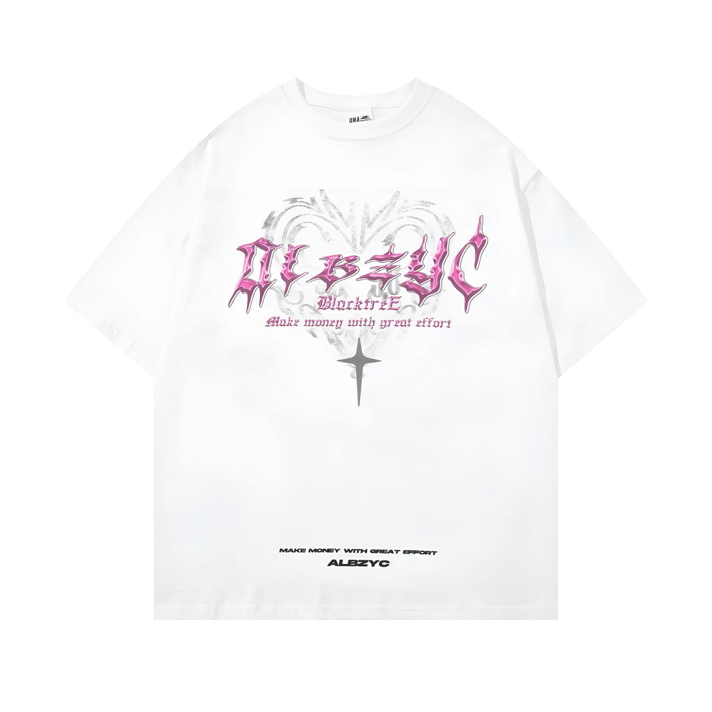 A man's black retro printed cotton T-shirt with short sleeves and a loose fit.