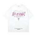 A man's black retro printed cotton T-shirt with short sleeves and a loose fit.