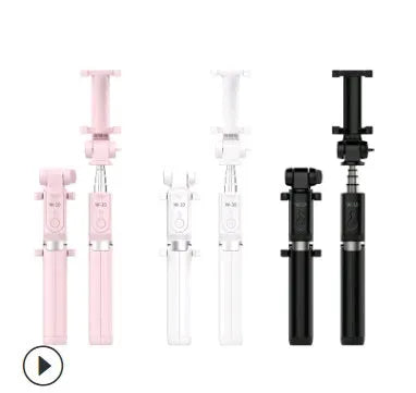 Black aluminium alloy Bluetooth selfie stick with tripod bracket extended, holding smartphone