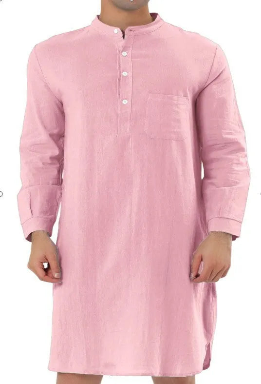 Men's simple pocket shirt robe in cotton fabric, shown in a selection of available colours.
