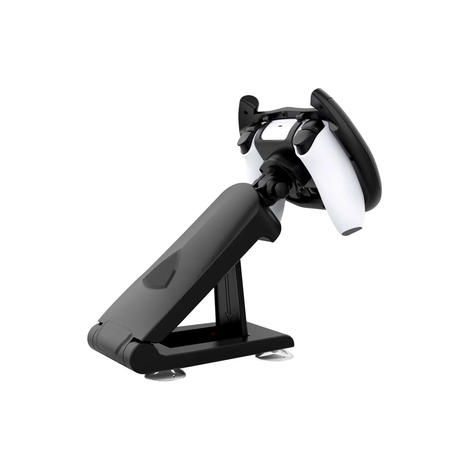 Black ABS plastic steering wheel bracket with suction cup for mounting a mobile gamepad controller.