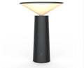 Black USB LED table lamp with adjustable head showing touch controls and micro USB charging port