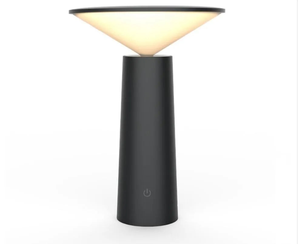 Black USB LED table lamp with adjustable head showing touch controls and micro USB charging port