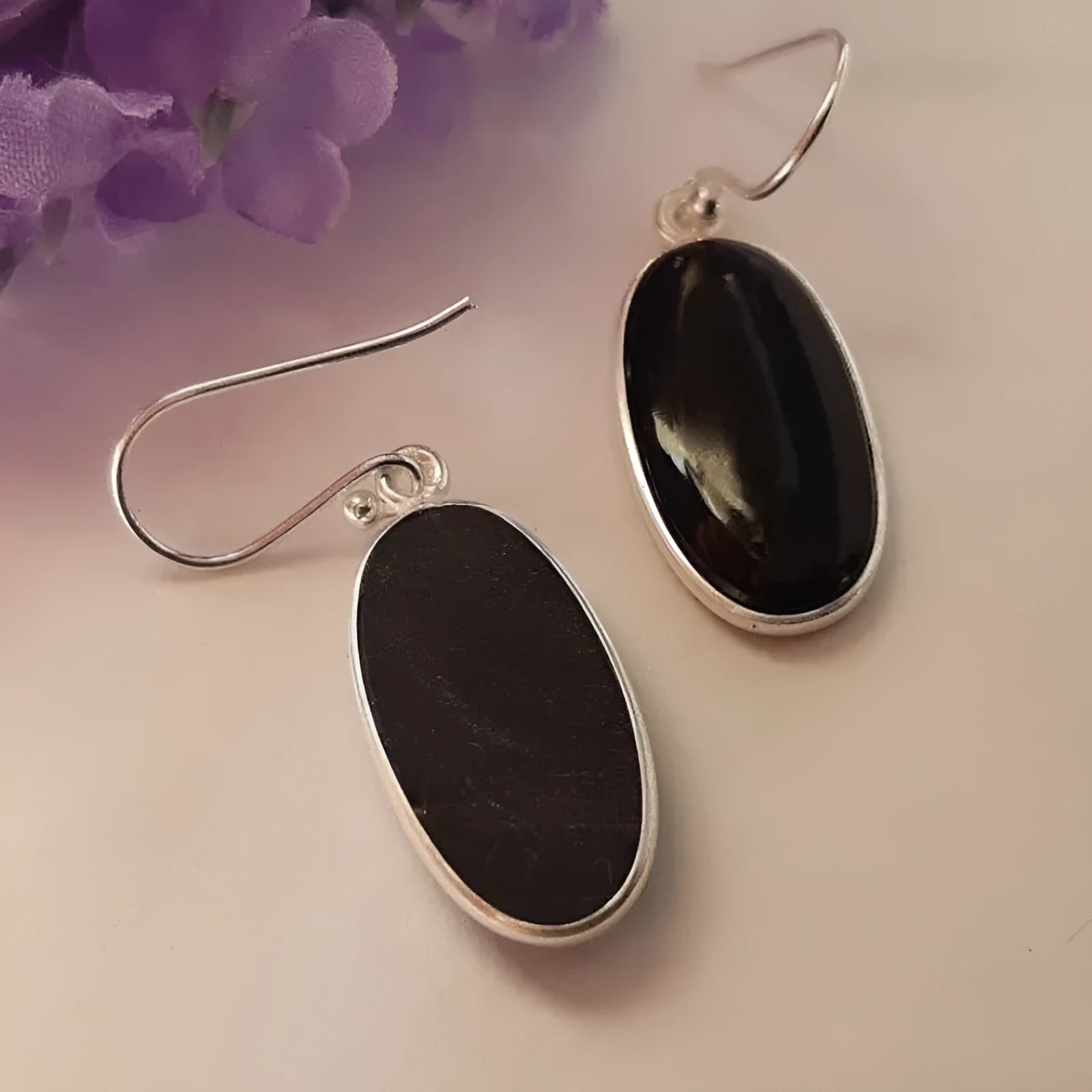 Black electroplated 925 silver women's earrings with oval agate pendant in geometric Chinese style