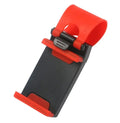 Black universal car steering wheel clip mount holder holding a mobile phone.