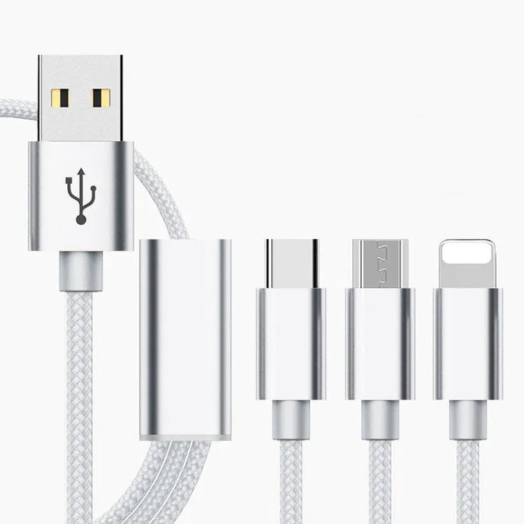 Three-in-one phone charging cable showing Micro USB, USB-C, and Lightning connectors on a 1.2m cable