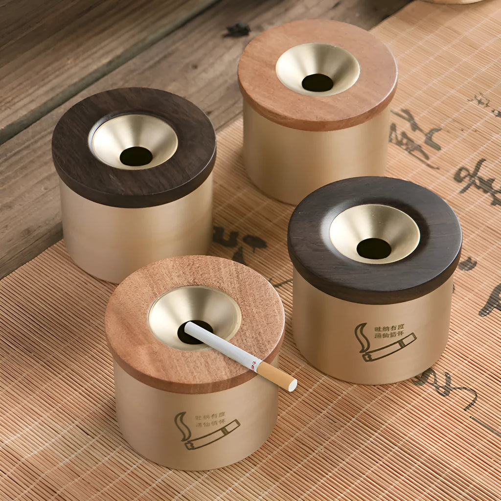 Brass retro ashtray with a wooden lid, available in black or rosewood finish.