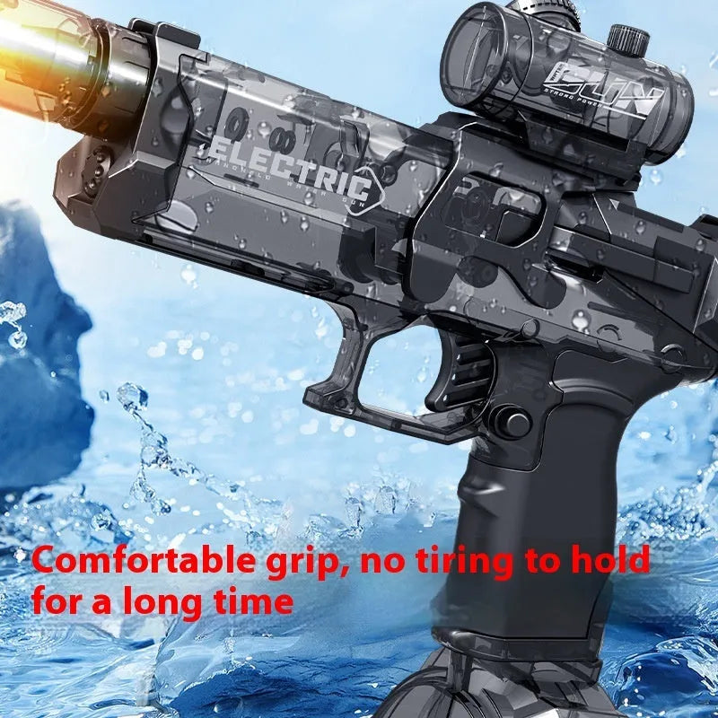 Fire Rat AC223 black and blue electric water pistol toy with LED lights on display