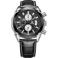 Men's quartz chronograph watch with three-eye dial showing six luminous hands on black or brown background