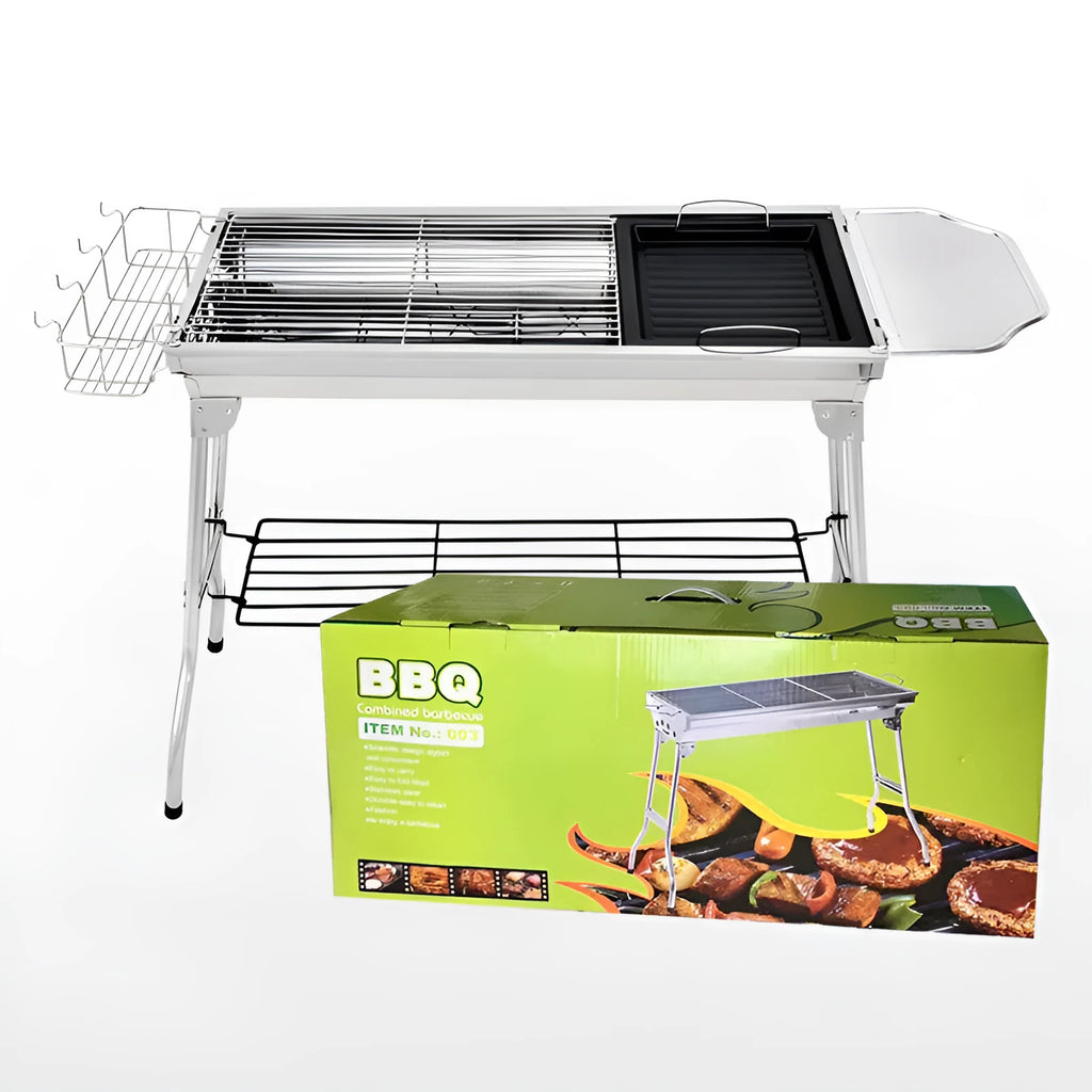 Stainless steel folding barbecue oven with cooking grill, shown in natural metallic colour.