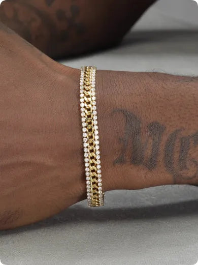 Gold electroplated tennis bracelet with artificial gemstones on titanium steel chain, European American hip hop style unisex jewellery