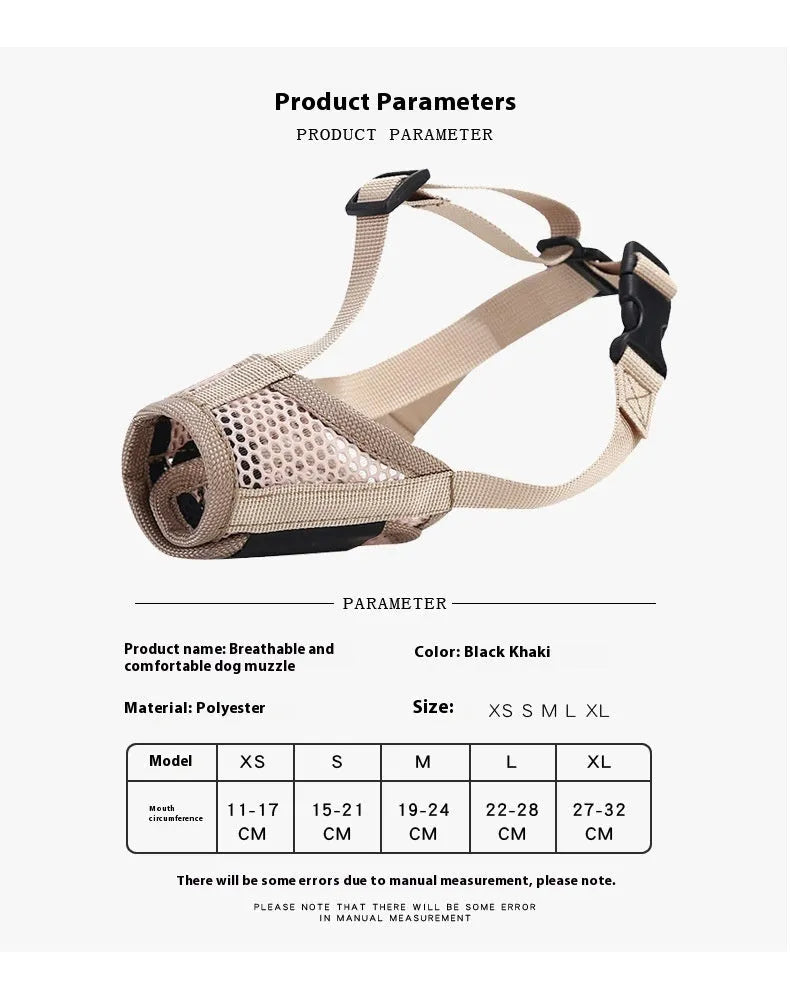 Pet dog anti-bite breathable mesh muzzle in khaki with drinking faucet opening, five sizes available