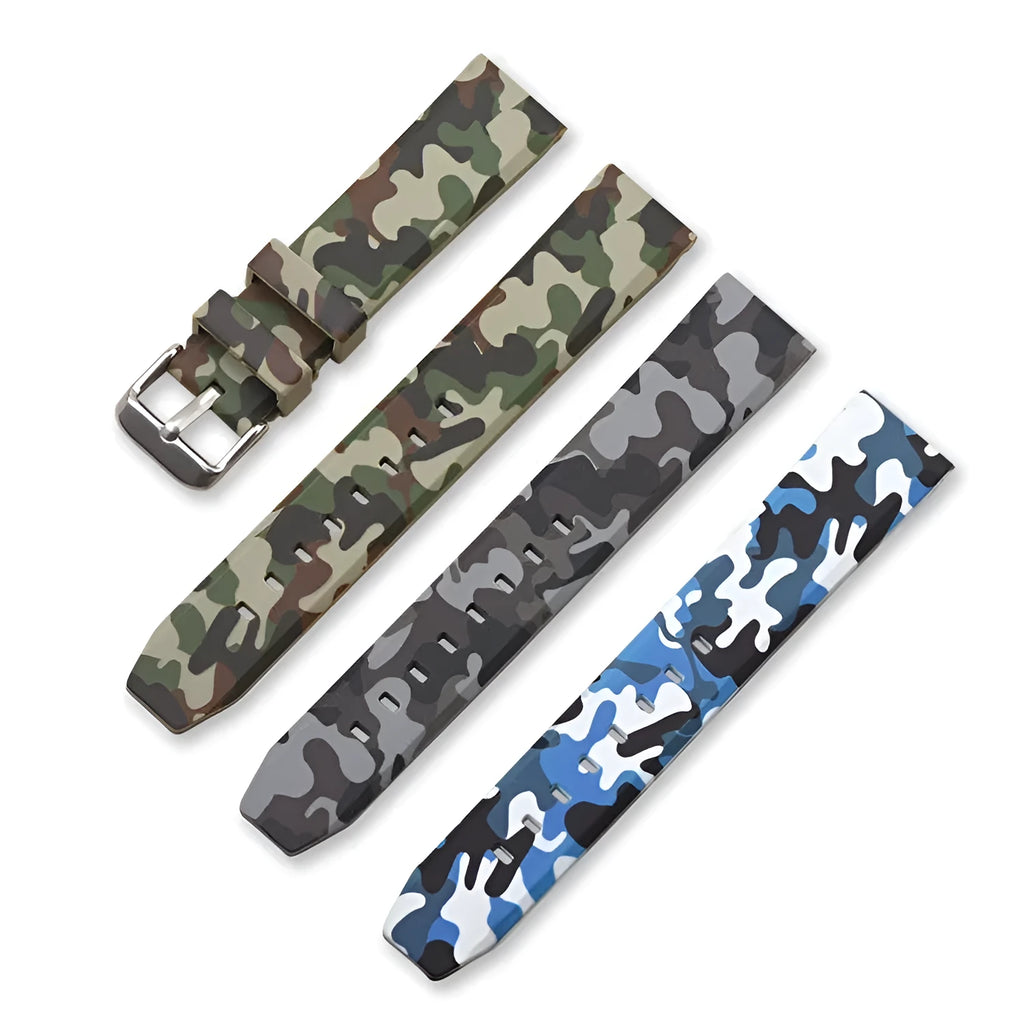 Silicone camouflage pattern watch strap in blue, grey and green, showing flat head ends.
