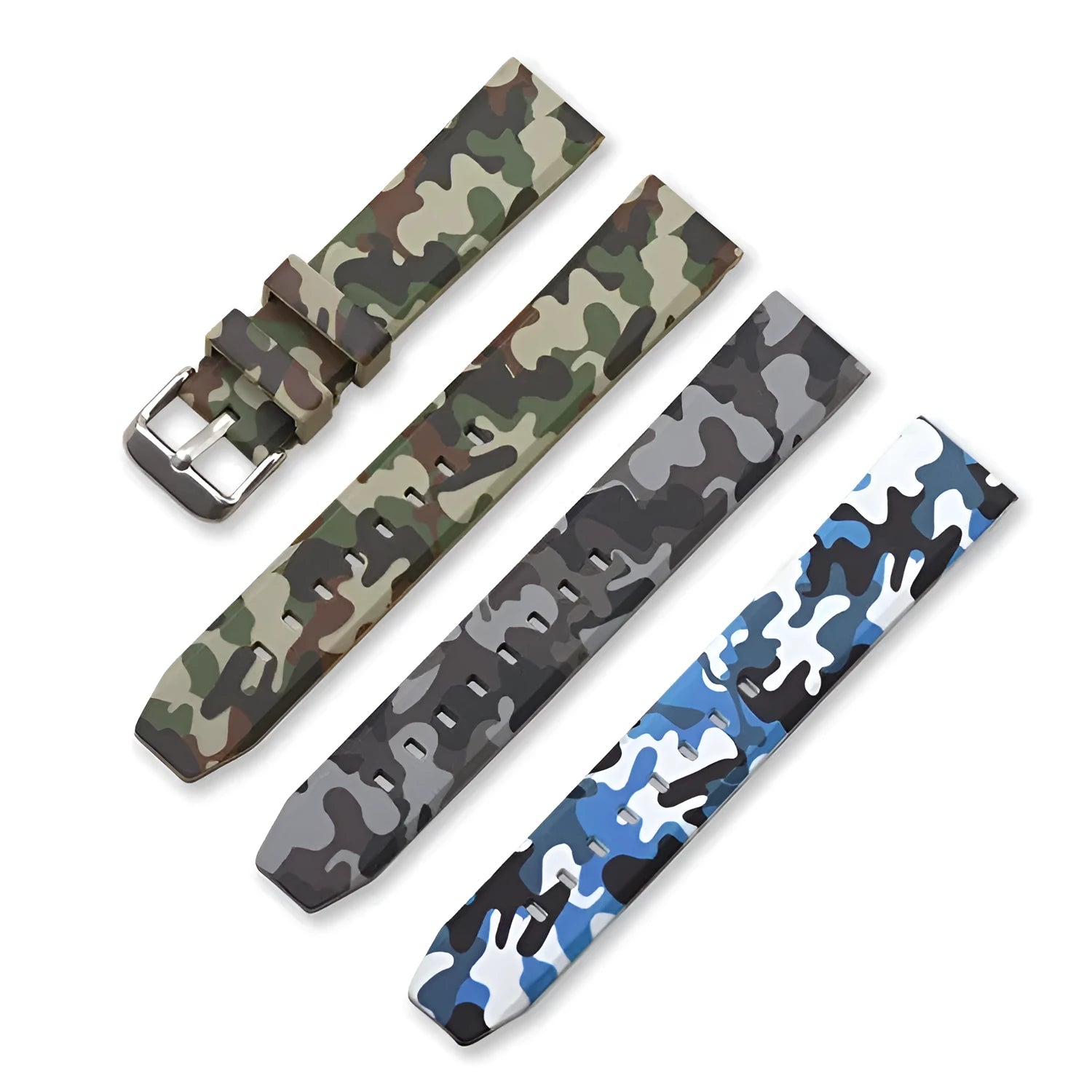 Silicone camouflage pattern watch strap in blue, grey and green, showing flat head ends.